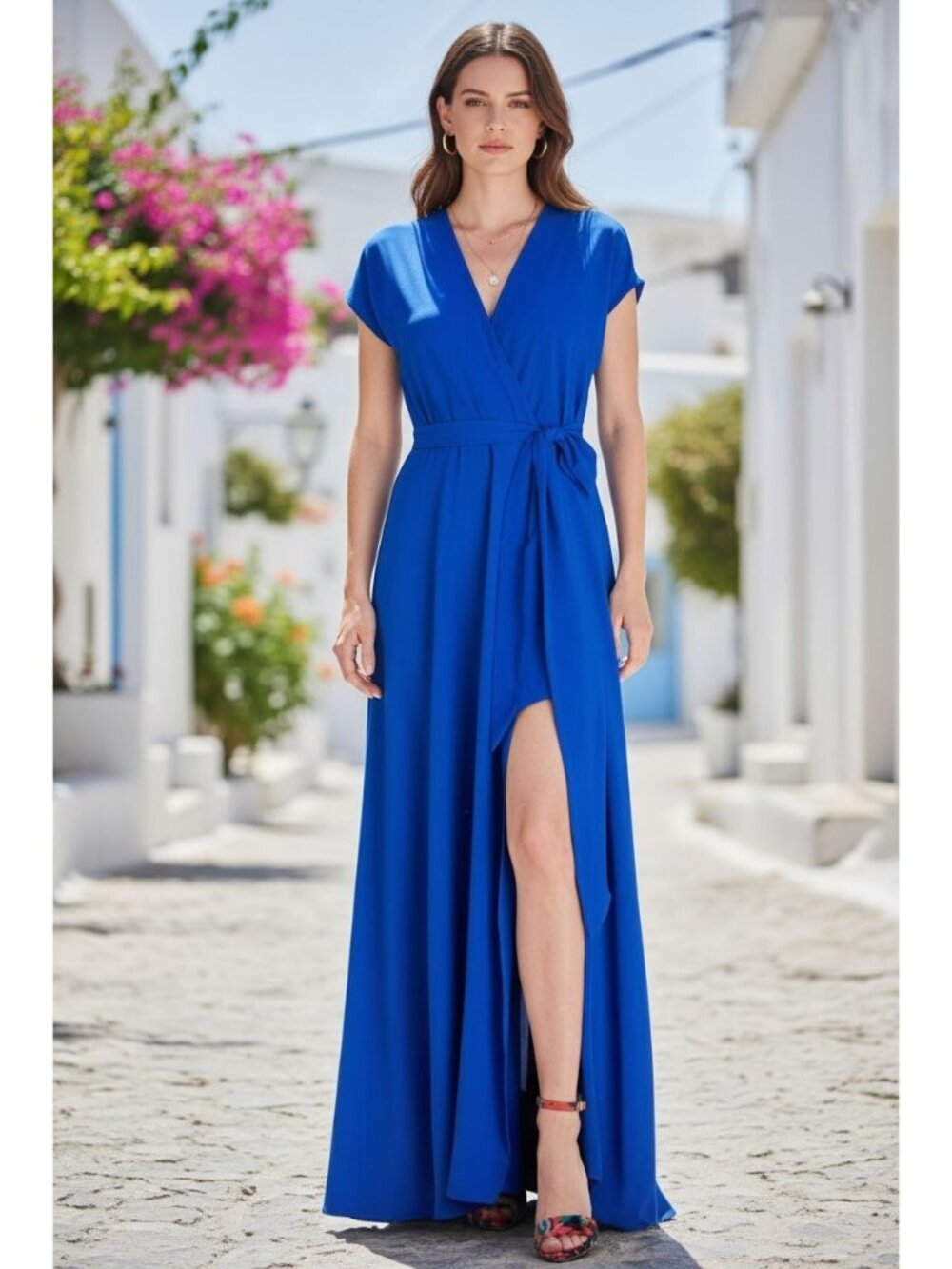 Meghan Los Angeles Women's Blue Maxi Wrap Dress With Tie Belt MEDIUM